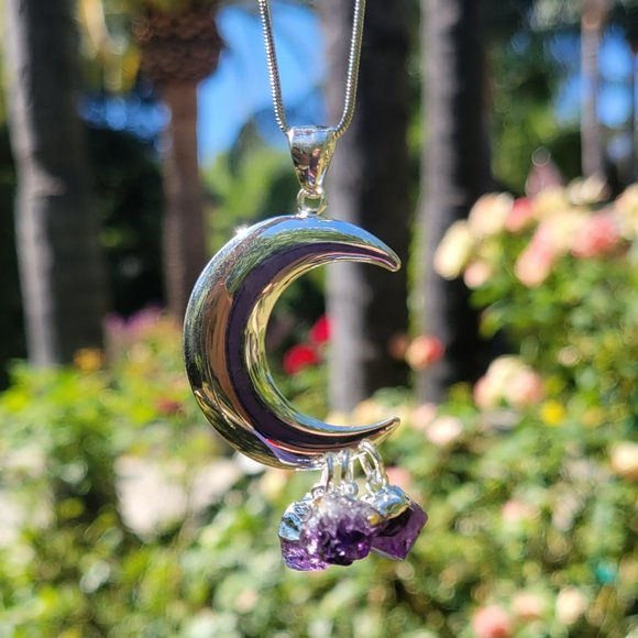 Three Piece Amethyst Cresent Moon Pendant - Picture 1 of 5